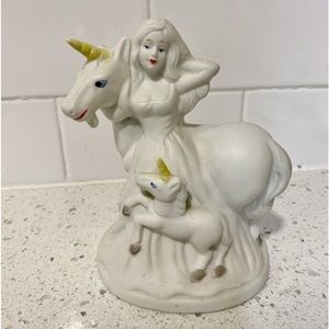 Vintage Flambro Fine Porcelain Woman with Unicorn and Foal Figurine
